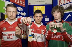 Leslie Coughlan, Josh Tawadros and James Griffin, Midleton CBS;
            Best Display Stand prize winners, South Cork  Hurl-ring.
